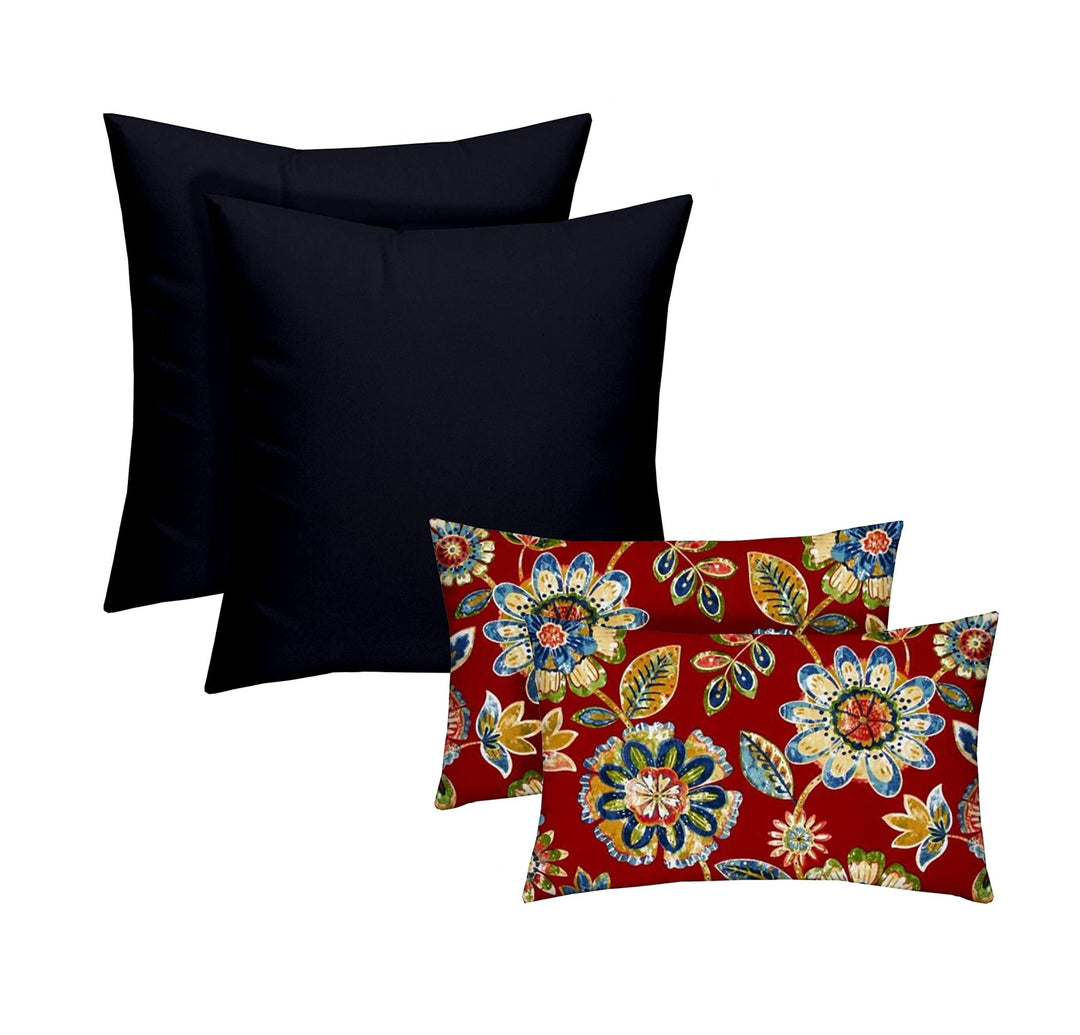 RSH DECOR Indoor/Outdoor All Weather Polyester Fabric, Reversible, 17” x 17” & 20" x 12", Navy + Daelyn Cherry - Set of 4 Square and Lumbar Accent Pillows - RSH Decor