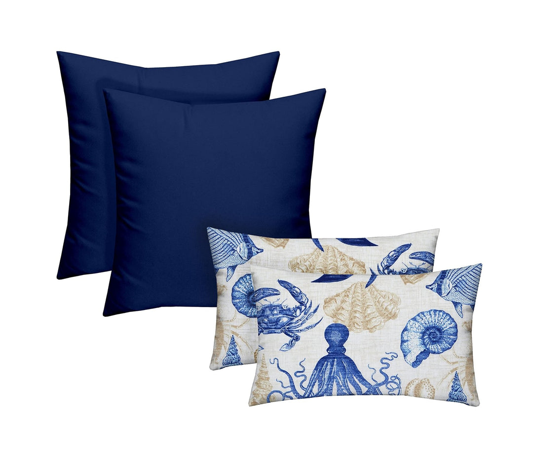 RSH DECOR Indoor/Outdoor All Weather Polyester Fabric, Reversible, 17” x 17” & 20" x 12", Veranda Blue + Blue Tan Crab - Set of 4 Square and Lumbar Accent Pillows - RSH Decor