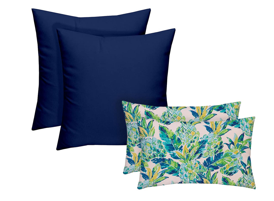 RSH DÉCOR Indoor/Outdoor All Weather Polyester Fabric, Reversible, 17” x 17” & 20" x 12", Veranda Blue + Vida Blue Pineapple - Set of 4 Square and Lumbar Accent Pillows - RSH Decor