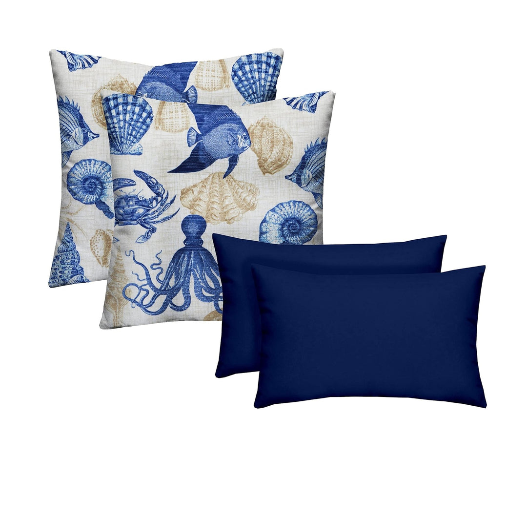 RSH DECOR: Lumbar & Square Throw Pillows Set of 4 | 20" x 12" & 17" x 17" | All - Weather Spun Fabric | Water and Fade - Resistant Accent Pillows for Patio Furniture | Blue Tan Crab + Veranda Blue - RSH Decor