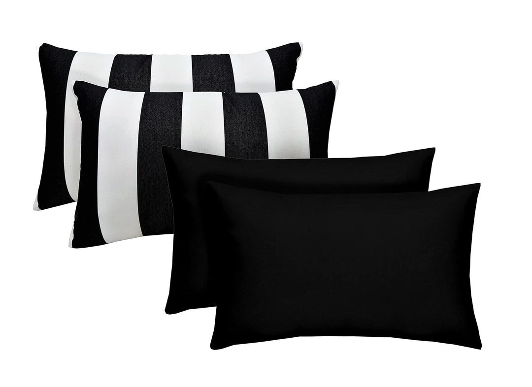 RSH DECOR: Lumbar Throw Pillows Set of 4 | 20” x 12" | All - Weather Spun Fabric | Water and Fade - Resistant | Outdoor Support Pillows for Patio Furniture | Black & White Stripe + Solid Black - RSH Decor