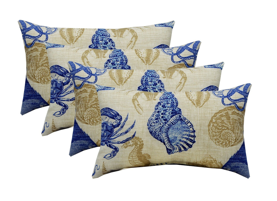 RSH DECOR Set of 4 Indoor/Outdoor Lumbar Rectangular Throw Pillows (12"x20") Solarium Sealife Marine Blue Tan Crab - RSH Decor