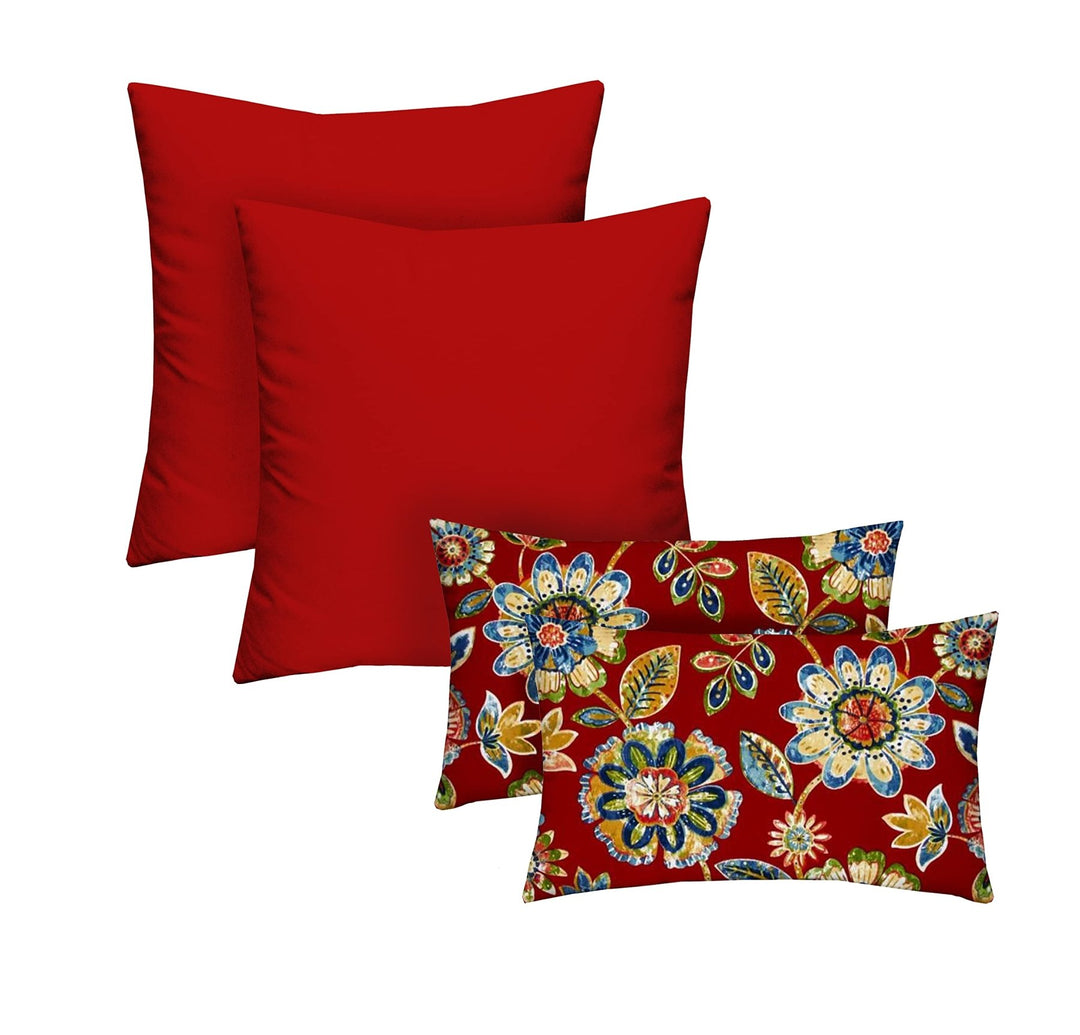 RSH Décor: Set of 4 Square and Lumbar Accent Pillows | Indoor/Outdoor All Weather Polyester Fabric | Reversible | 17” x 17” & 20" x 12" | Red + Daelyn Cherry - RSH Decor