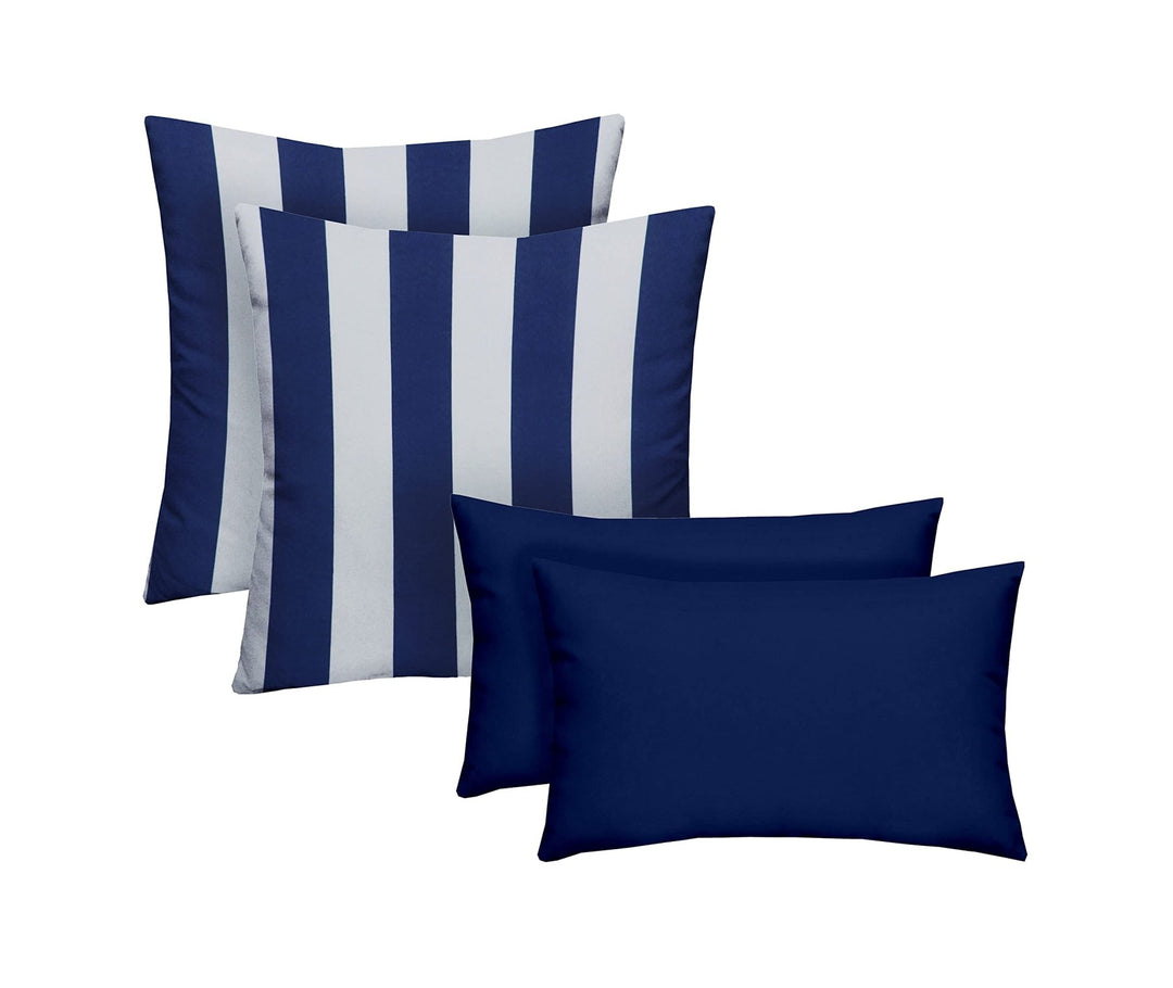 RSH DECOR Set of 4 Square and Lumbar Accent Pillows | Indoor/Outdoor All Weather Polyester Fabric | Reversible | 17" x 17" & 20" x 12" | Veranda Blue & White Stripe + Veranda Blue - RSH Decor