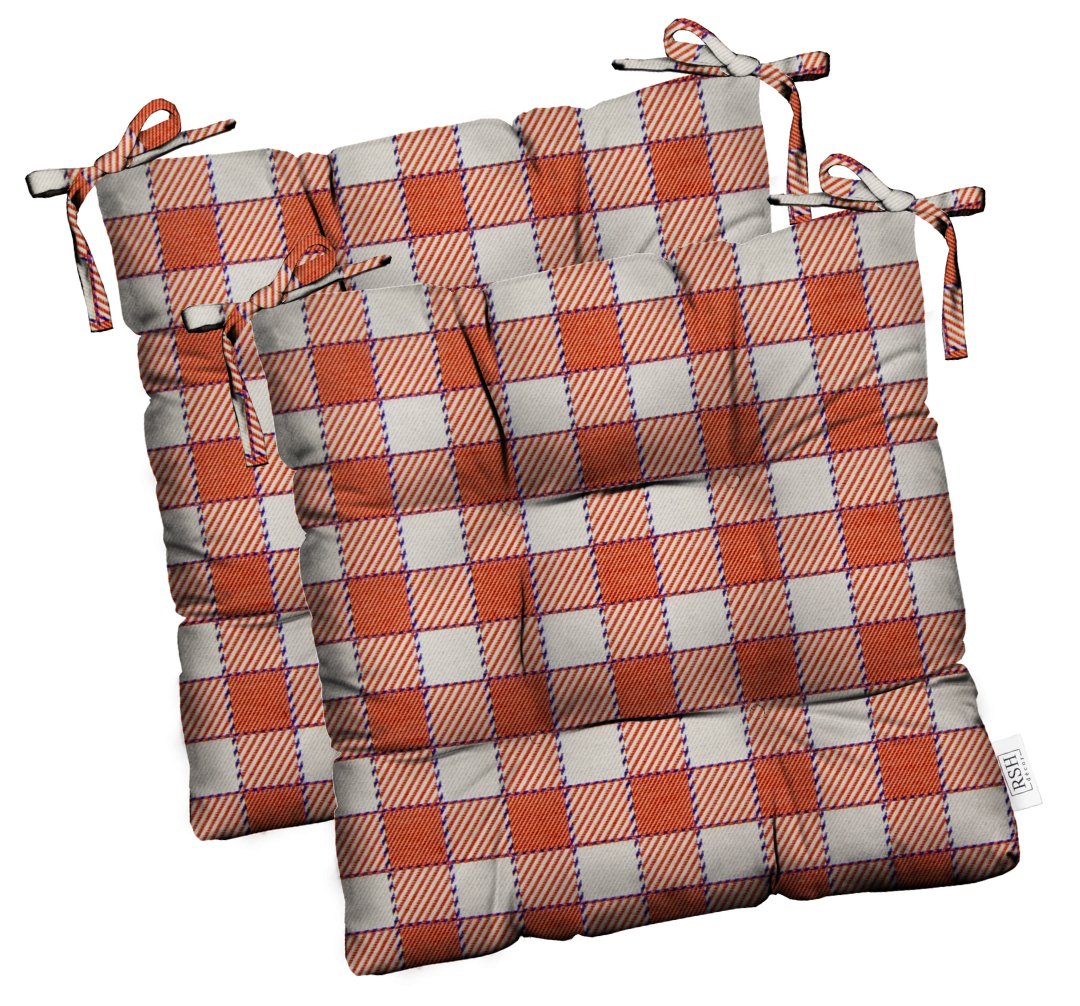 Set of 2 Dining Chair Cushions | Tufted | Sunbrella Encounter Orange Plaid - RSH Decor