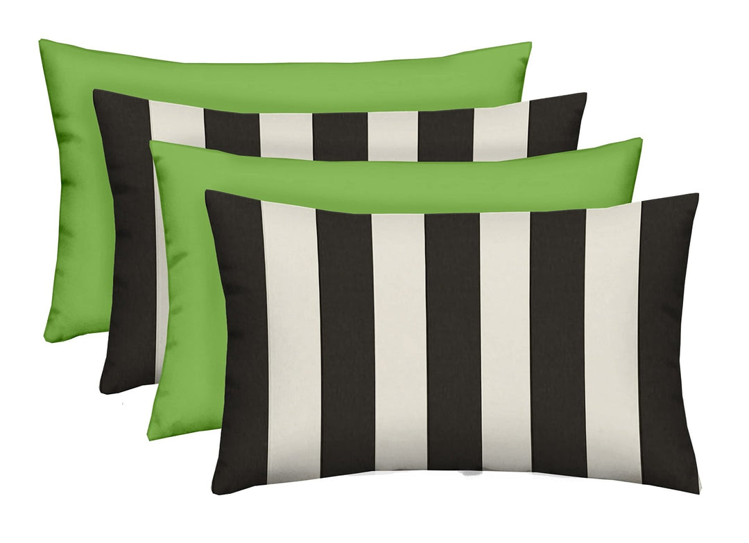 Set of 4 Indoor / Outdoor Decorative Lumbar / Rectangle Pillows - 2 Black & White Stripe and 2 Solid Kiwi Green - RSH Decor