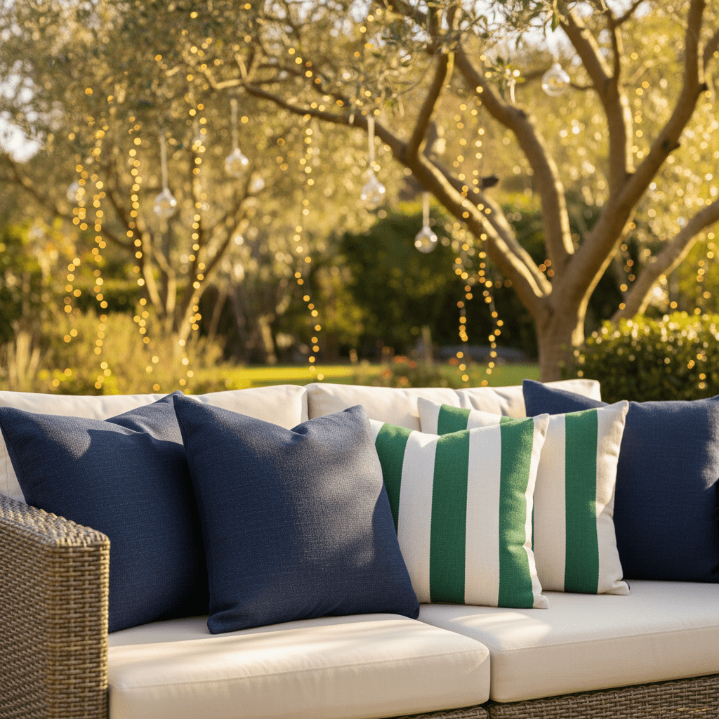 Set of 4 Sunbrella Canvas Navy and Forest Green & White Stripe Throw Pillows - RSH Decor