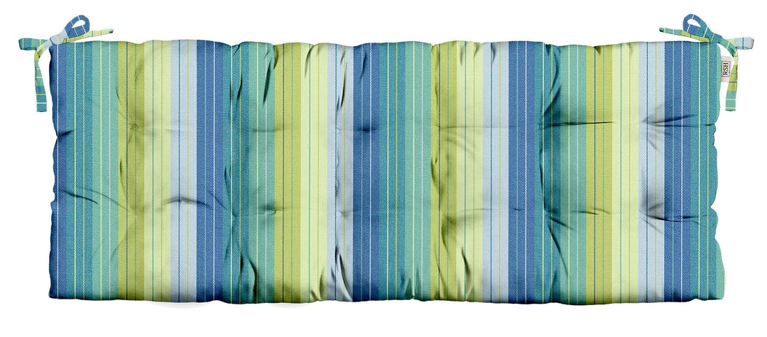 Sunbrella Blue & Green Stripes Tufted Bench Cushion with Ties - RSH Decor