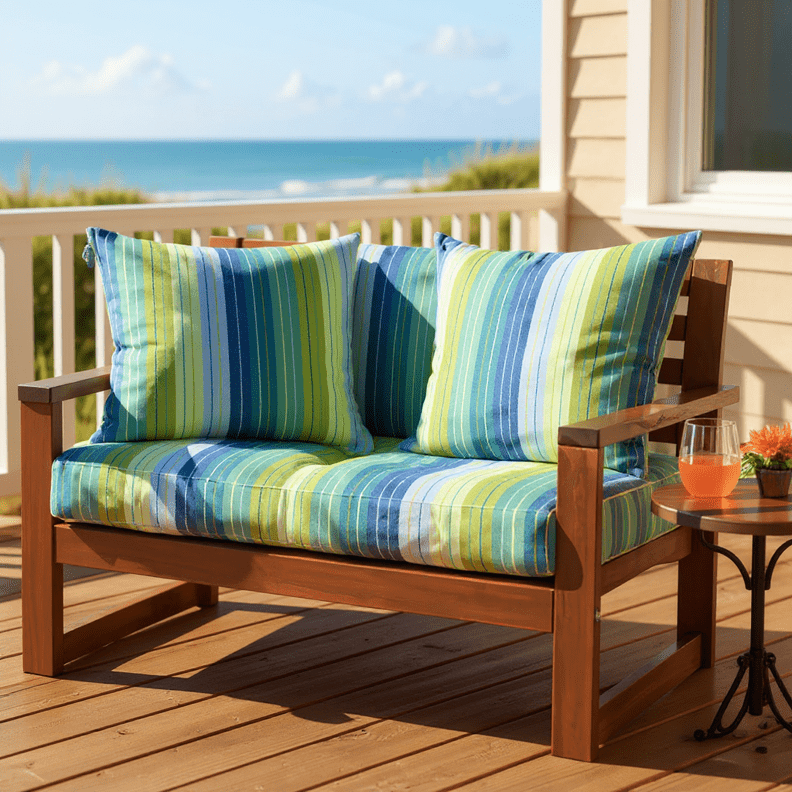 Sunbrella Blue & Green Stripes Tufted Bench Cushion with Ties - RSH Decor