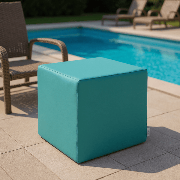 Sunbrella Canvas Blues Outdoor Foam Water-Resistant Square Pouf