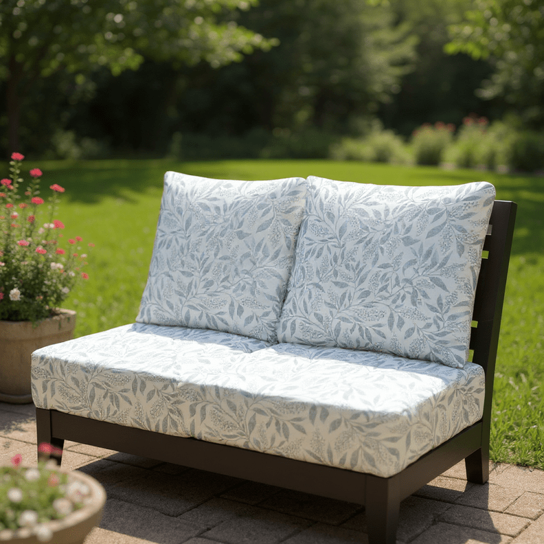 Sunbrella Designer Fusion Blues Deep Seating Pillow Back Loveseat Cushion Set - RSH Decor