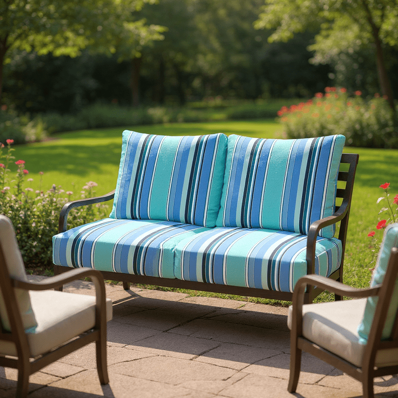 Sunbrella Dolce Stripes Deep Seating Pillow Back Loveseat Cushion Set - RSH Decor
