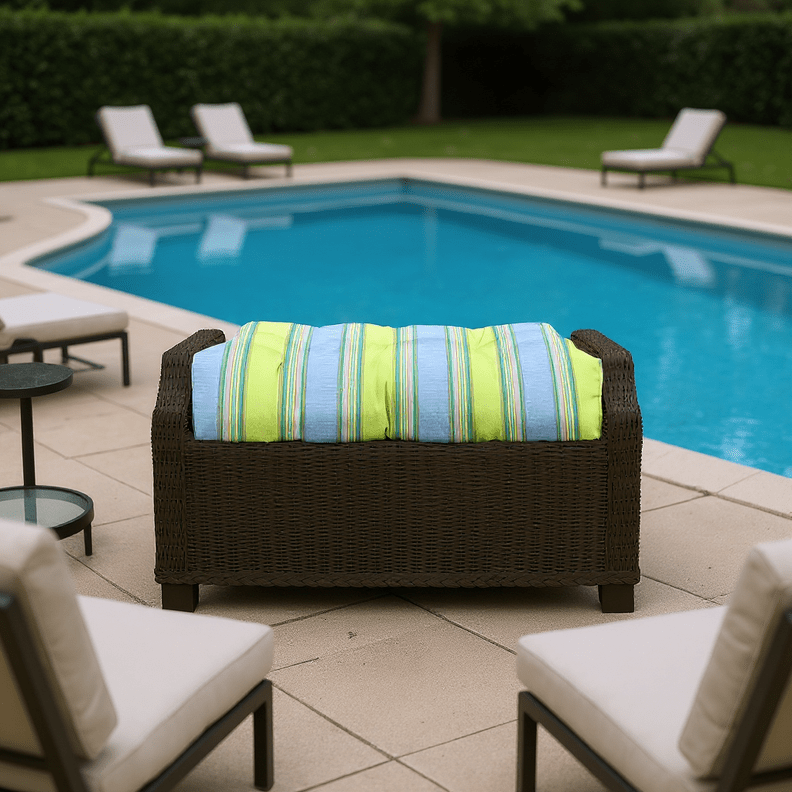 Sunbrella Green & Blue Stripes Tufted Ottoman Replacement Cushion - RSH Decor