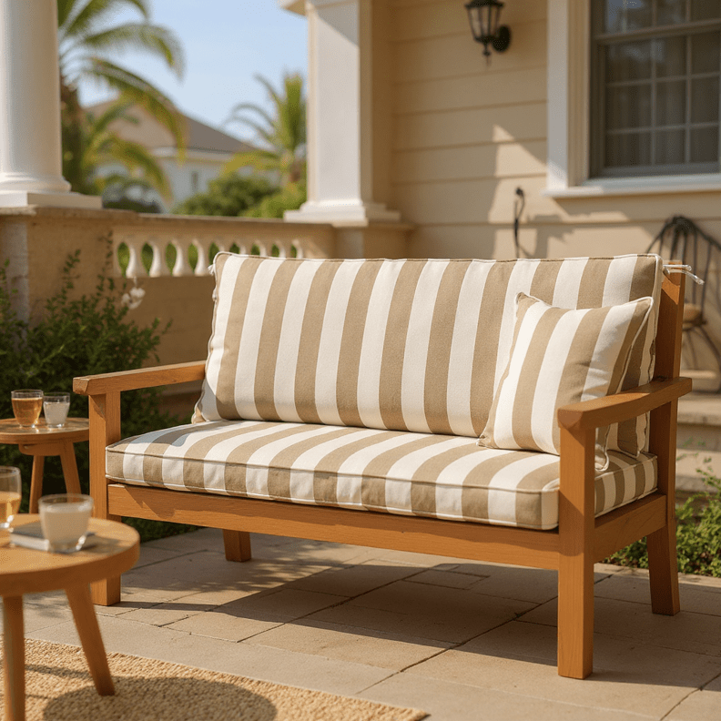 Sunbrella Neutral Stripes 2" Foam Bench Cushion with Ties - RSH Decor
