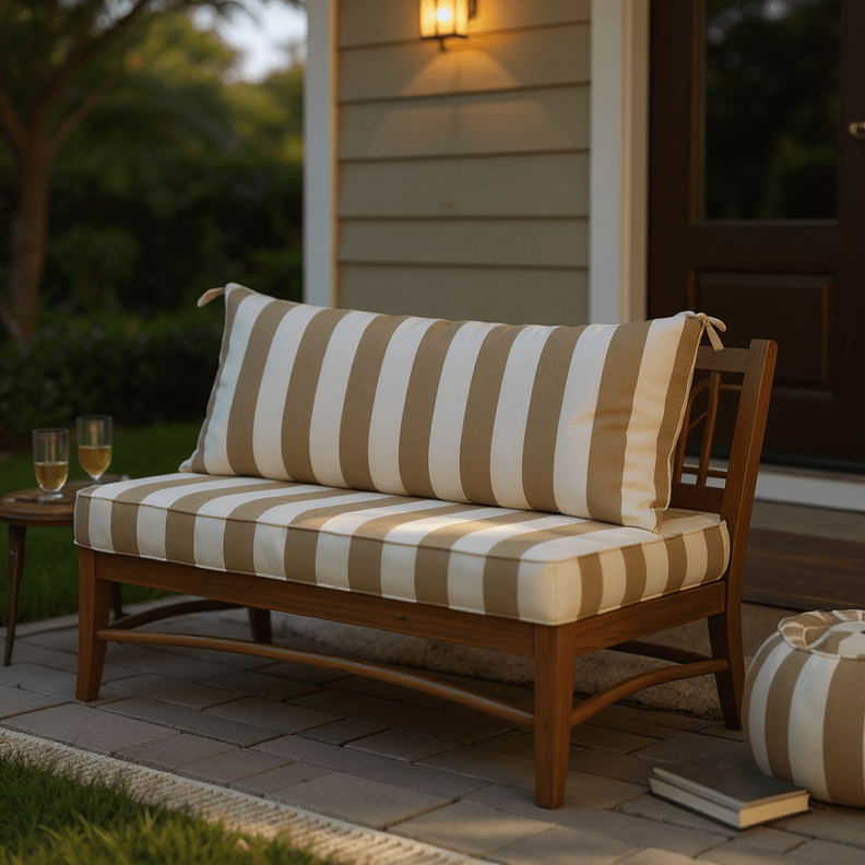 Sunbrella Neutral Stripes 3" Foam Bench Cushion with Ties - RSH Decor