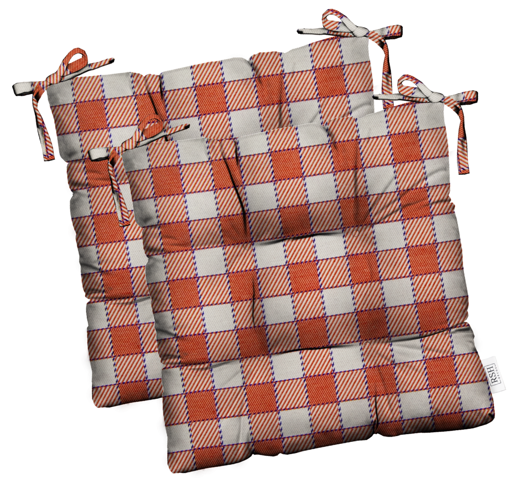 Set of 2 Dining Chair Cushions | Tufted | Sunbrella Encounter Orange Plaid