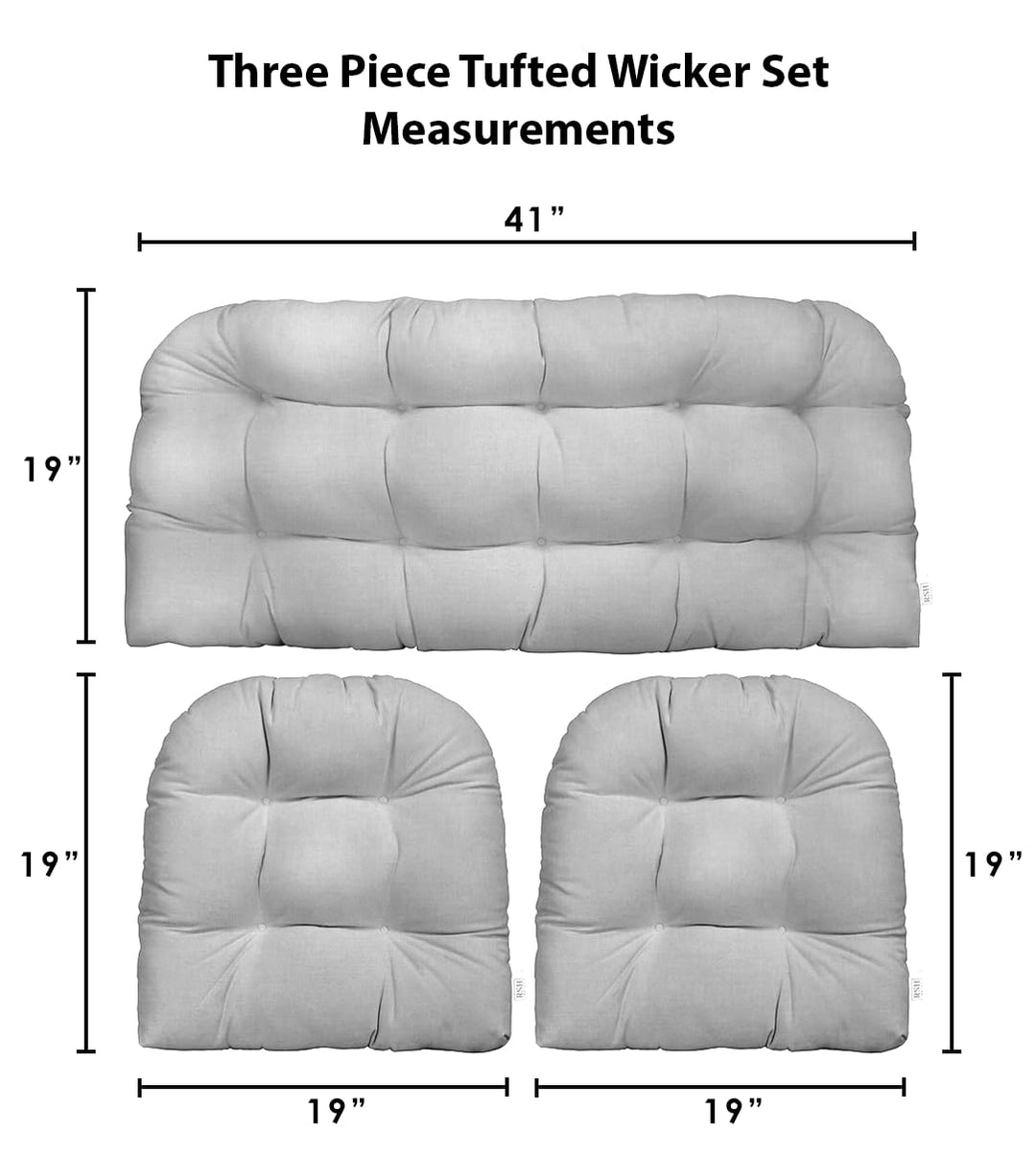 3 Piece Wicker Cushion Set, Tufted, 41" W x 19" D, 19" W x 19" D, Black - RSH Decor