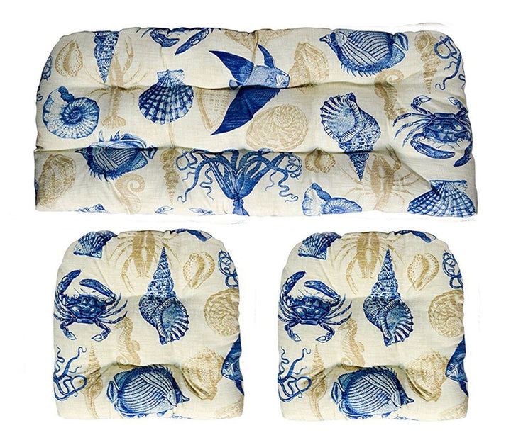 3 Piece Wicker Cushion Set, Tufted, 41" W x 19" D, 19" W x 19" D, Blue Tan Crab - RSH Decor