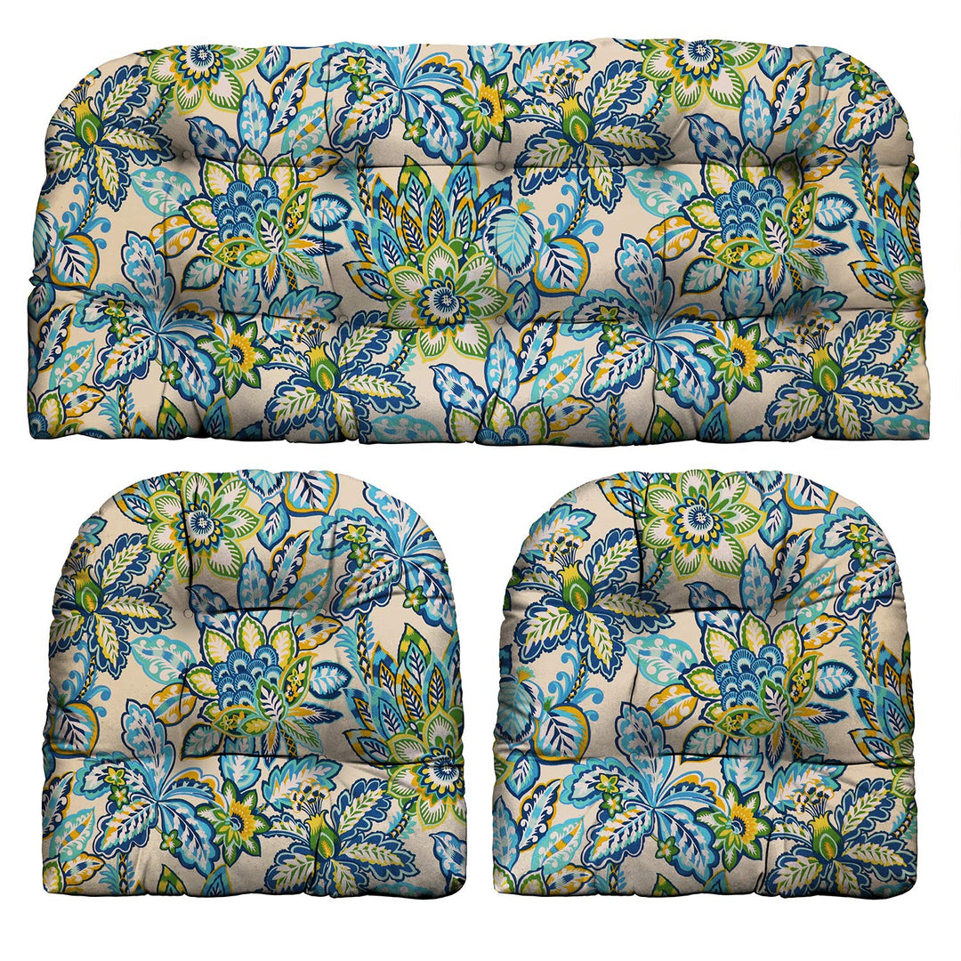 3 Piece Wicker Cushion Set, Tufted, 41" W x 19" D, 19" W x 19" D, Copeland Caribe Blue Floral - RSH Decor