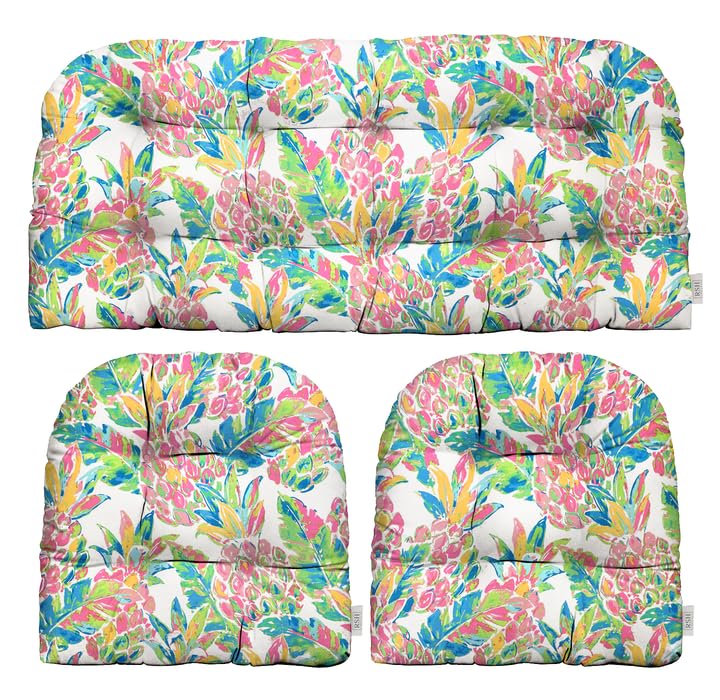 3 Piece Wicker Cushion Set, Tufted, 41" W x 19" D, 19" W x 19" D, Polyester Vida Pink Pineapple - RSH Decor