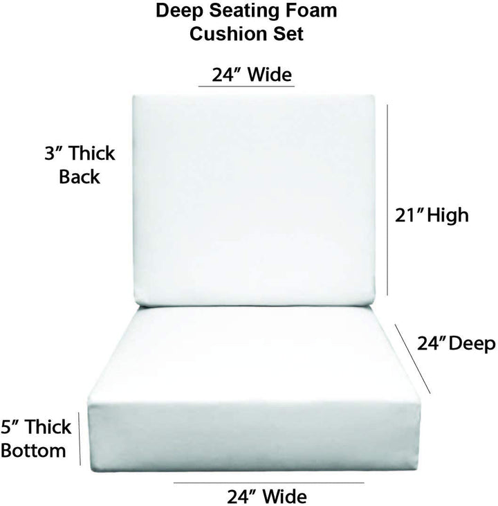 Deep Seating Foam Back Chair Cushion Set, 24" x 24" x 5" Seat and 24" x 21" x 3" Back, Sunbrella Solids - RSH Decor