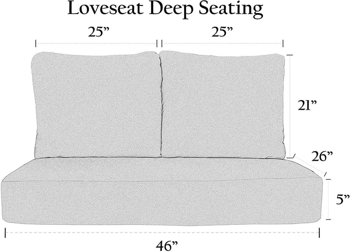 Deep Seating Loveseat Cushion Set, Sunbrella Solid Colors, Size 46"x26"x 5 Seat, 25"x21" Back Pillows - RSH Decor