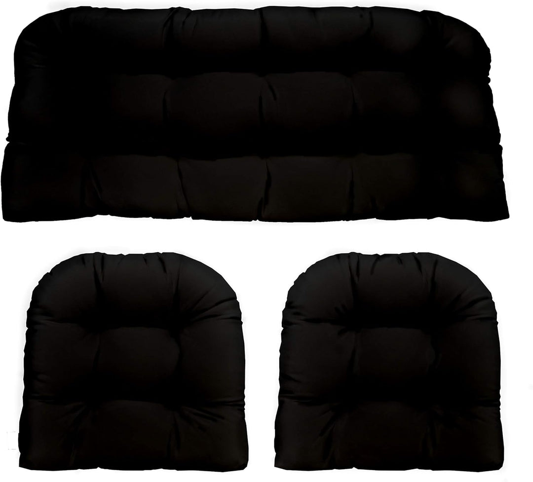 Indoor Outdoor 3 Piece Tufted Wicker Settee and Chair Cushion Set by RSH Décor, All Weather & Fade Resistant Polyester Fabric, 1 Loveseat Cushion 41”x19” & 2 U-Shape Chair Cushion 19”x19” - Black - RSH Decor