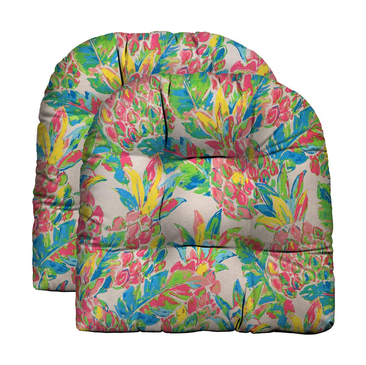 Set of 2 U-Shape Wicker Seat Cushions Set, Tufted, 19" x 19", Polyester Vida Garden Pink Pineapple - RSH Decor